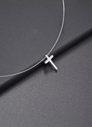 Чокер кулон крестик серебро на силиконовой нитке застежка цепочка