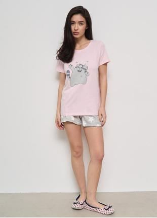 Пижама женская шорты и футболка котик 15296