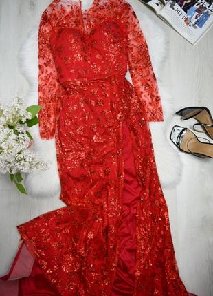 Сукня довга вечірня червона плаття в підлогу зі шлейфом шикарне блискуче