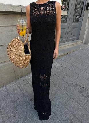 Платье крючком вязанное чорное длинное с розрезом пляжное8 фото