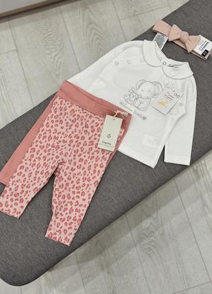 Нежный набор на новорожденную девочку хлопковый штанишки лосины распашка кофта и повязка в рубчик