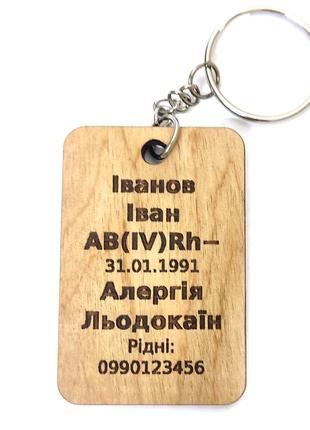 Жетон-брелок "адресник с группой крови" деревянный 6х4 см односторонний