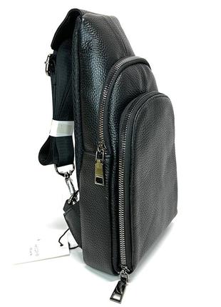 Кожаная черная мужская нагрудная сумка слинг на одно плечо из натуральной кожи6 фото