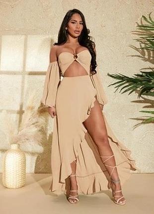 Бежевое шифоновое платье макси на запах с пышными рукавами shein.