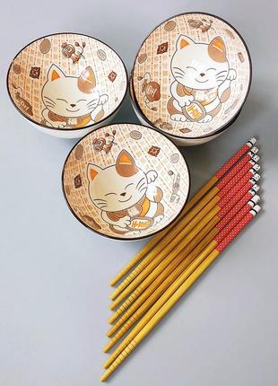 Набор керамических пиал для риса с изображением кота удачи (4шт)2 фото