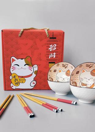 Набор керамических пиал для риса с изображением кота удачи (4шт)