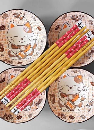 Набор керамических пиал для риса с изображением кота удачи (4шт)4 фото