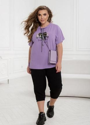 Спортивний костюм жіночий прогулянковий зручний легкий футболка з принтом і бриджі нижче колін великі розміри