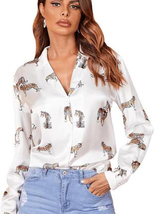 Жіноча сорочка блузка атласна з довгим рукавом zara принт леопарди