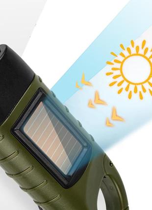 Ручной фонарь ls-015-3х0.5w, встроенный аккум., динамо, солнечная батарея, карабин (yajia)