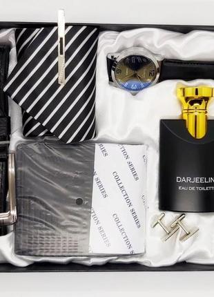 Чоловічий подарунковий набір: ремінь, ручка, краватка, годинник, парфуми, запонки a06814