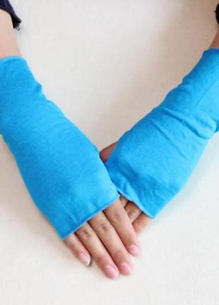 Женские митенки, хлопковые перчатки без пальцев. ярко- синий цвет. размер универсальный.