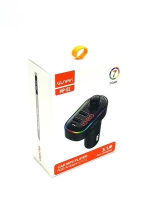 Fm модулятор sunpin mp-03 bluetooth + заряджання fast charger + type c pd rgb чорний