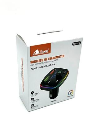 Fm модулятор als-a912 bluetooth + зарядка (2usb/pd/20w/3.1a) черный