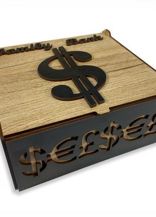 Коробка-органайзер для грошей family bank з натурального дерева з різьбленням та перфорацією, скарбничка 19x20x8,5 см
