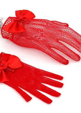 Детские нарядные перчатки, перчатки в сеточку с атласным бантом. красный цвет.