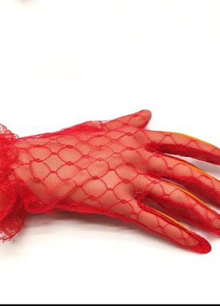 Жіночі фатинові рукавички з кружевним манжетом. червоний колір.4 фото