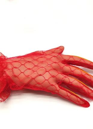 Жіночі фатинові рукавички з кружевним манжетом. червоний колір.3 фото