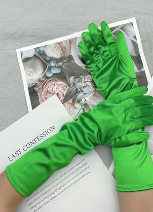 Рукавички стрейч атласні, святкові жіночі рукавички. зелений колір