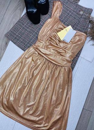 Новое золотистое вечернее платье s m платье клёш короткое платье на одно плечо