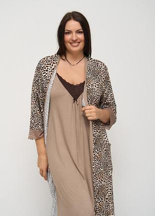 Комплект халат и сорочка с кружевом леопардовый 84315 размер 2xl, 3xl, 4xl, 5xl