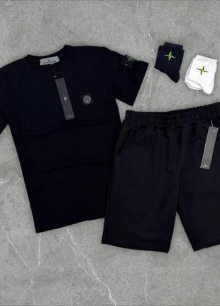 Чоловічий літній спортивний костюм в стилі stone island ( стон айленд ) футболка чорна шорти чорні бавовняний комплект xs-3xl