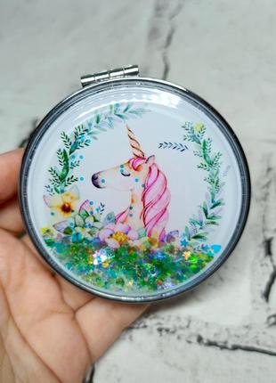 Зеркало карманное косметическое единорог жидкие блестки 7х7 см а20-10