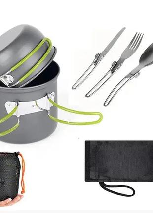 Походный туристический набор посуды sy-101 алюминий котелок, чашка, вилка, нож, ложка