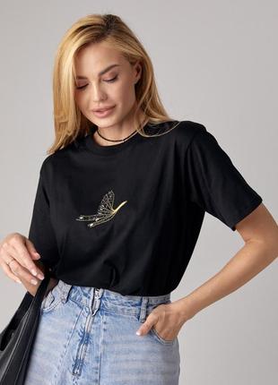 Трикотажна футболка прикрашена птахом зі страз