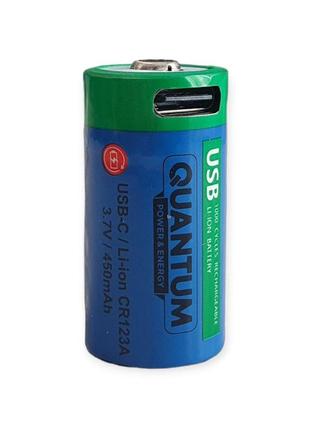 Аккумулятор литий-ионный quantum usb li-ion cr123a (16340) 3.7v, 450mah + type-c кабель, 1шт/уп