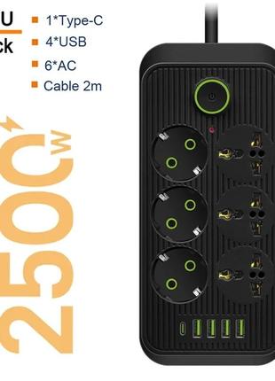 Мережевий фільтр живлення power socket f07u 6 розеток +4 usb + type-c port 2 m, мережевий подовжувач розеток, чорний