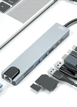 Розгалужувач перехідник usb-хаб xo hub003 8-in1 type-c to 4k hdmi/rj45/sd/tf/type-c/usb3.0/pd