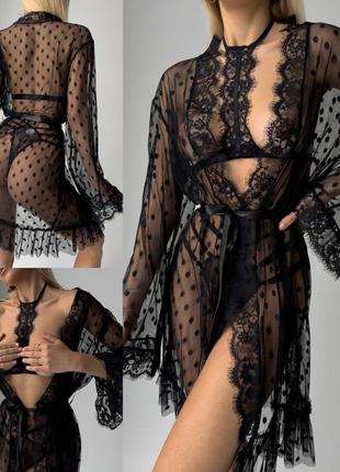 Жіночий еротичний халатик з мереживами прозорий в горошок ажурний сіточка з трусиками і бра чорний