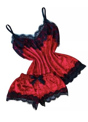 Сексуальный красный бархатный комплект для сна шорты и майка с кружевом