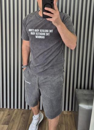 Костюм летний мужской с надписями вареный хлопок футболка и шорты комплект весенний