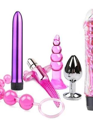Набор секс-игрушек для взрослых 6 в 1 вибратор, анальная пробка,виброязык, анальная цепочка фиолетовый
