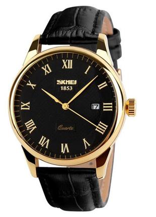 Годинник наручний 9058lgdbkbk-b skmei, gold case black band black dail (men)