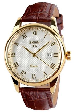 Годинник наручний 9058lgdwtbn-b skmei, gold case brown band white dail (men)