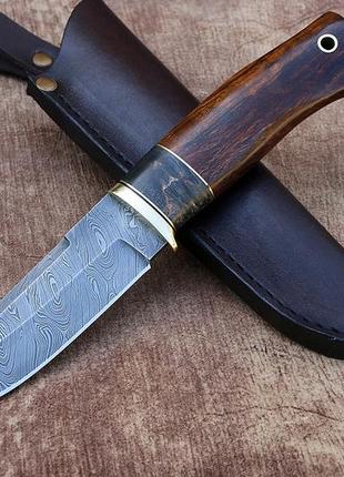 Нож ручной работы для охоты и рыбалки леший 6, из дамасской стали 60 hrс, кожаный чехол в комплекте