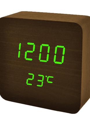 Часы сетевые vst-872-4, зеленые, (корпус коричневый) температура, usb