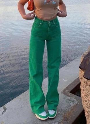 Круті зелені джинси wide leg палаццо довгі широкі з необробленим краєм zara 38/m