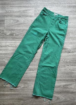 Круті зелені джинси wide leg палаццо довгі широкі з необробленим краєм zara 38/m4 фото