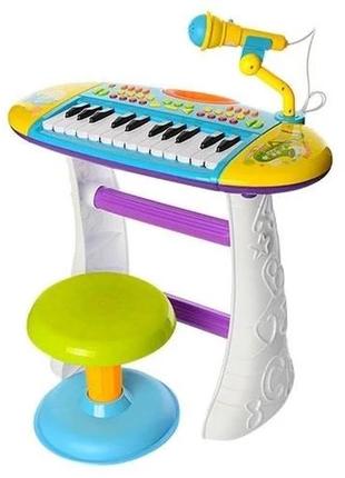 Дитячий ігровий музичний синтезатор-піаніно юний віртуоз на ніжках, стільчик і мікрофон, синій арт. 383