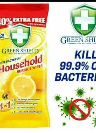 Влажные салфетки универсальные для уборки с антибактериальным эффеком green shield household (70 штук)
