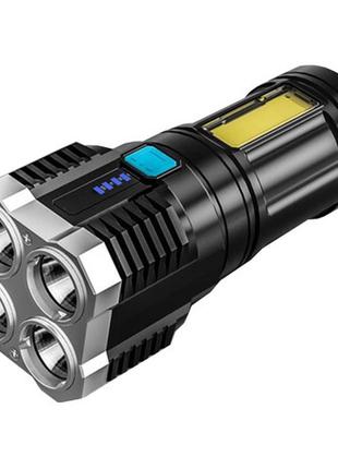 Мощный аккумуляторный фонарь x509/s03-4led+cob з/у usb-micro,черный, abs пластик