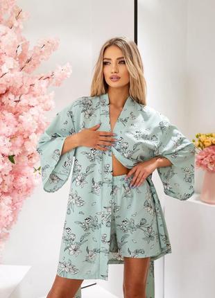 Пижама халат с шортами домашний комплект софт принт