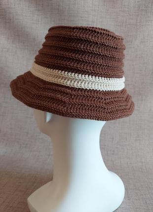 Хендмейд мягкая летняя панама шляпа федора унисекс коричневая вязаная крючком из хлопка2 фото