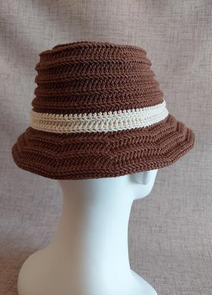 Хендмейд мягкая летняя панама шляпа федора унисекс коричневая вязаная крючком из хлопка4 фото