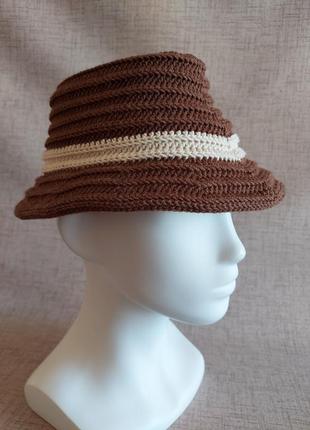 Хендмейд мягкая летняя панама шляпа федора унисекс коричневая вязаная крючком из хлопка6 фото
