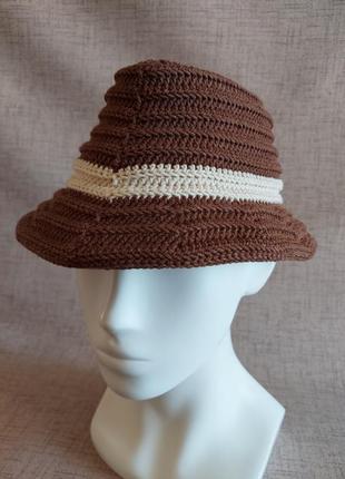 Хендмейд мягкая летняя панама шляпа федора унисекс коричневая вязаная крючком из хлопка8 фото